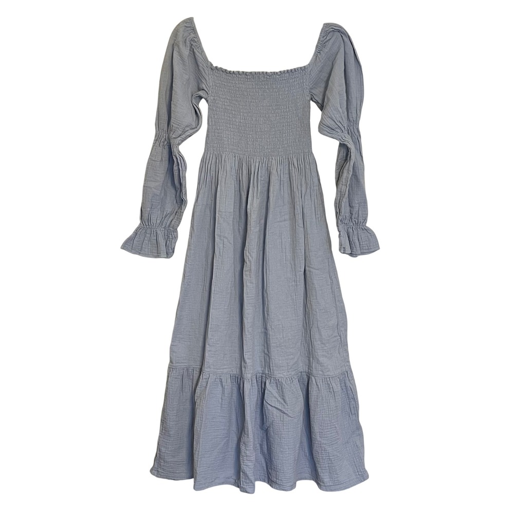 Quince Organic Cotton Gauze Maternity Smocked Ruffle Midi Dress Cream Breeze S - Picture 2 of 6